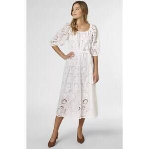 Hugo Boss Dolara Eyelet Dress White Tie Waist Puff Sleeve Size 16 NEW